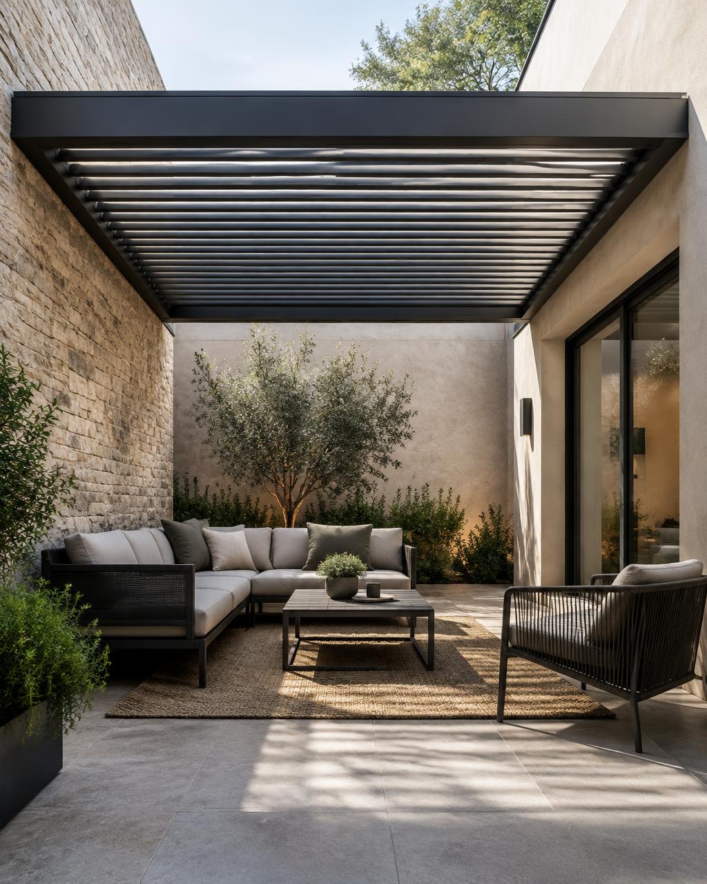 Pergola bioclimatique encastrée entre les murs d'une cour