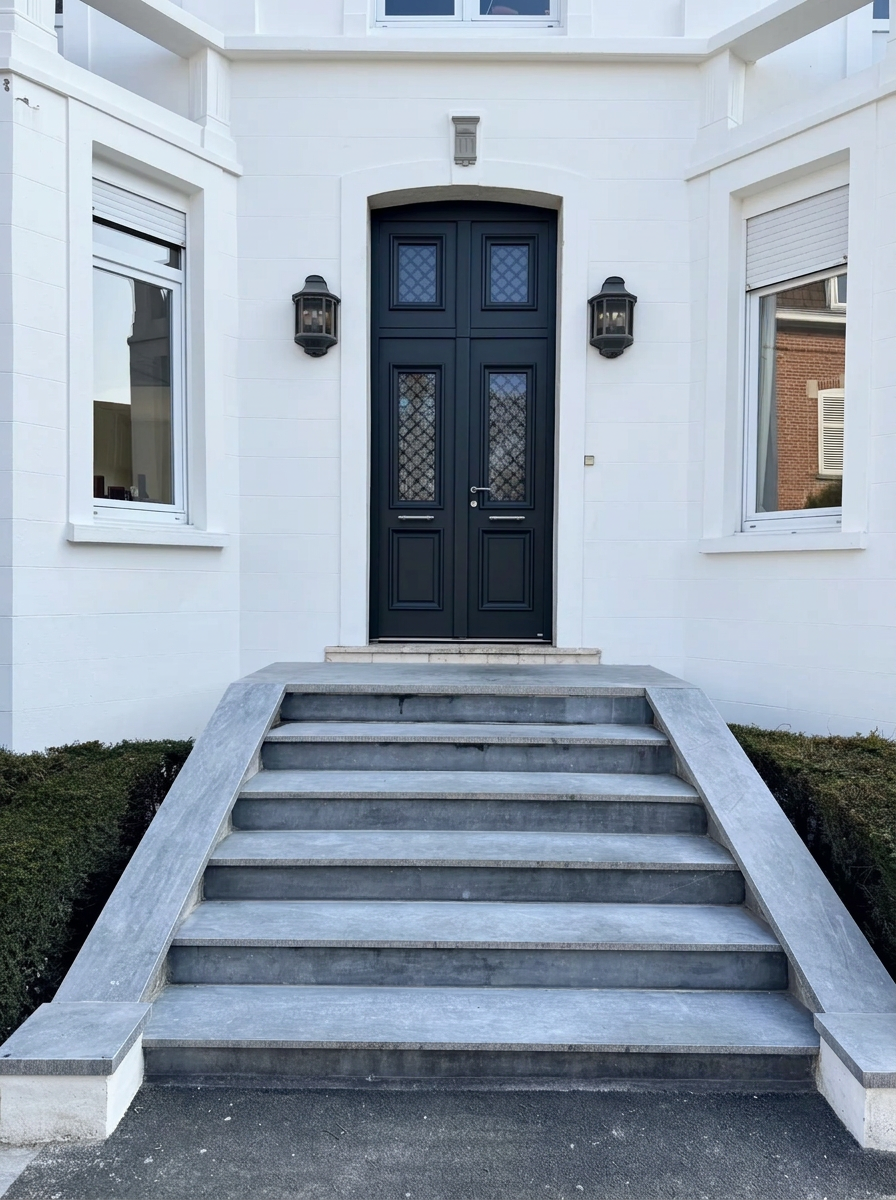 Double porte d'entrée noire à vitrages et croisillons après rénovation