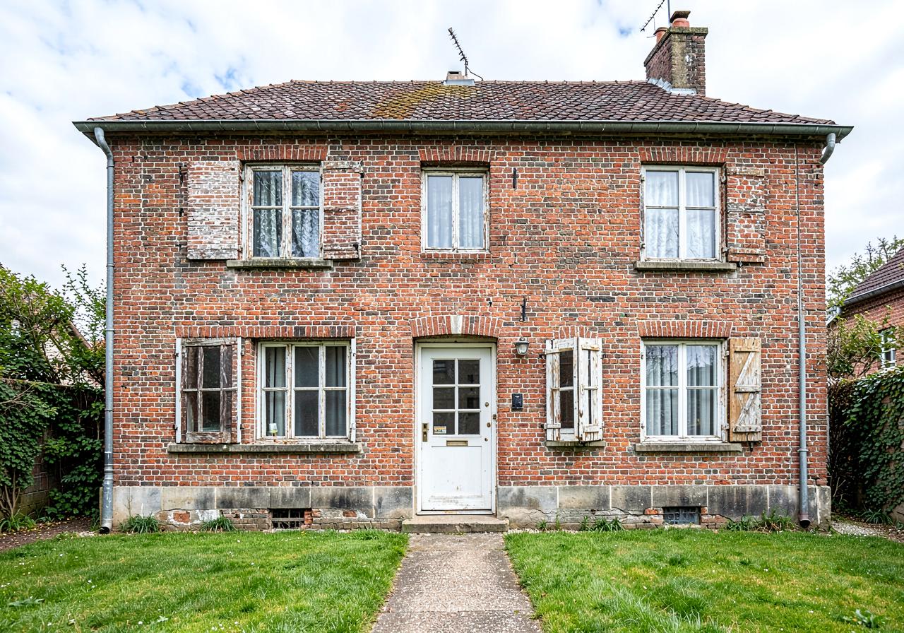 Maison en briques avec anciennes fenêtres et porte avant rénovation complète