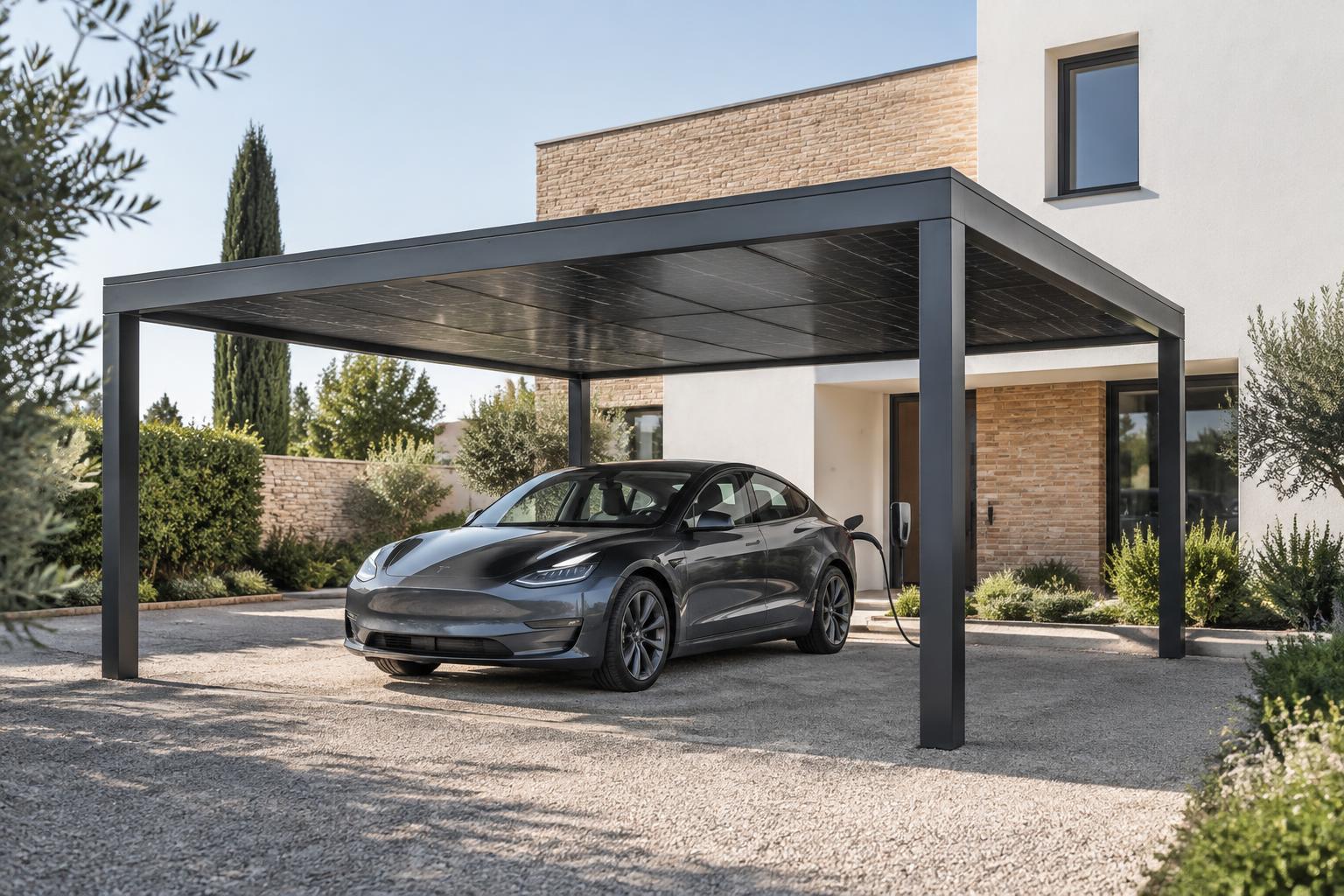 Carport photovoltaïque avec berline électrique