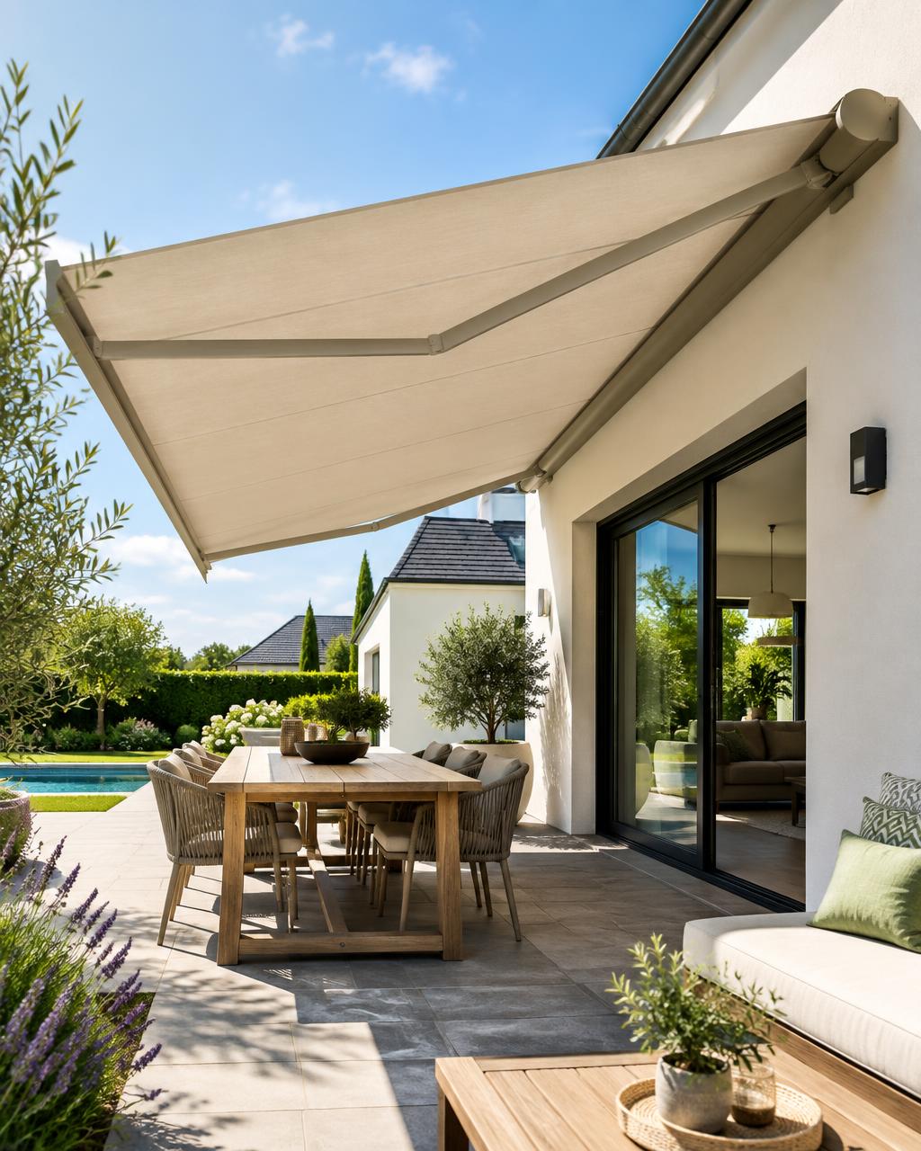 Store banne beige déployé au-dessus d'une terrasse