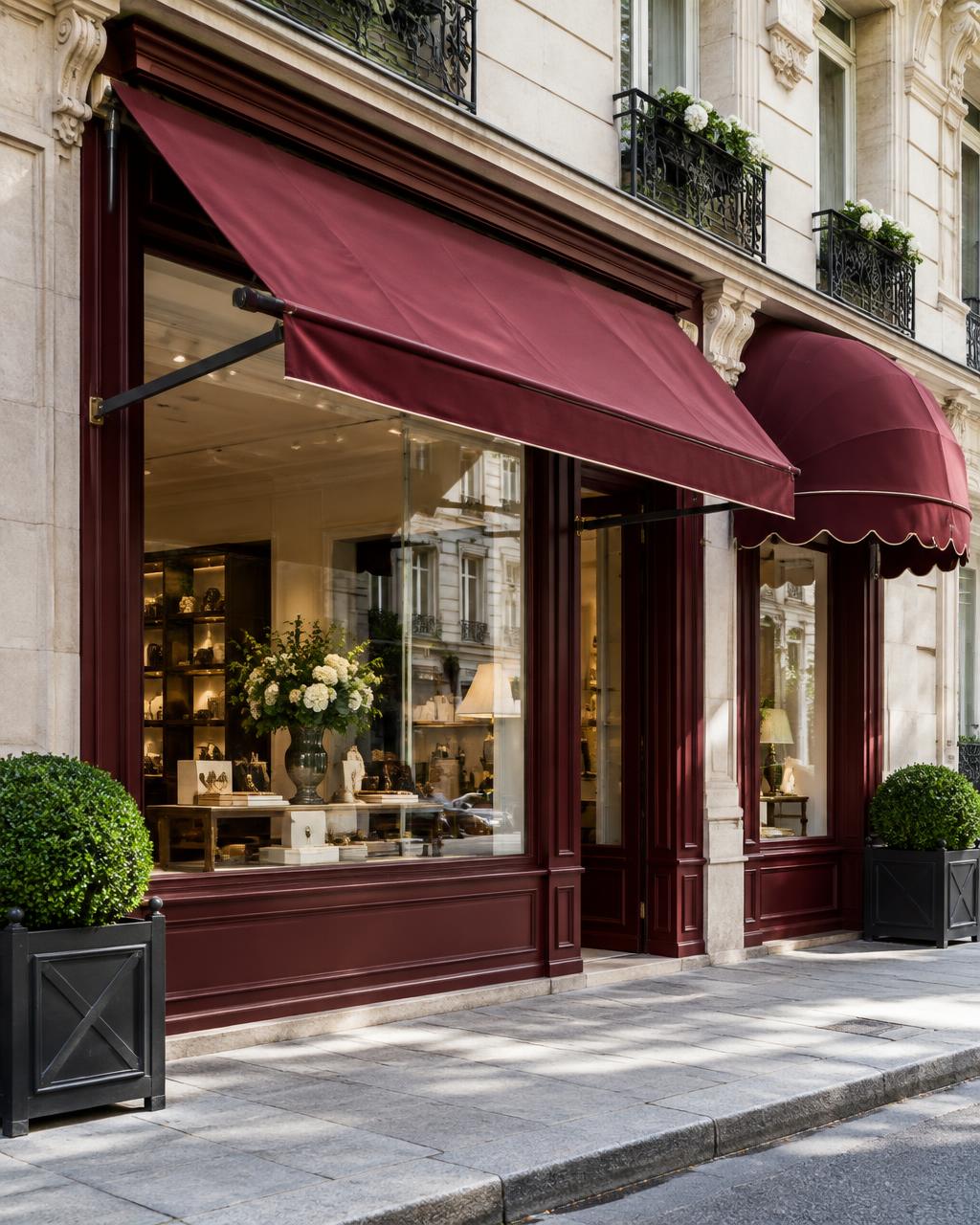 Bannette et store corbeille bordeaux sur une devanture