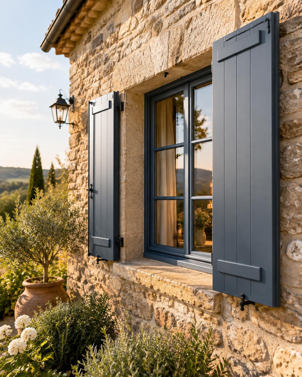 Volets battants aluminium bleu gris sur une maison en pierre