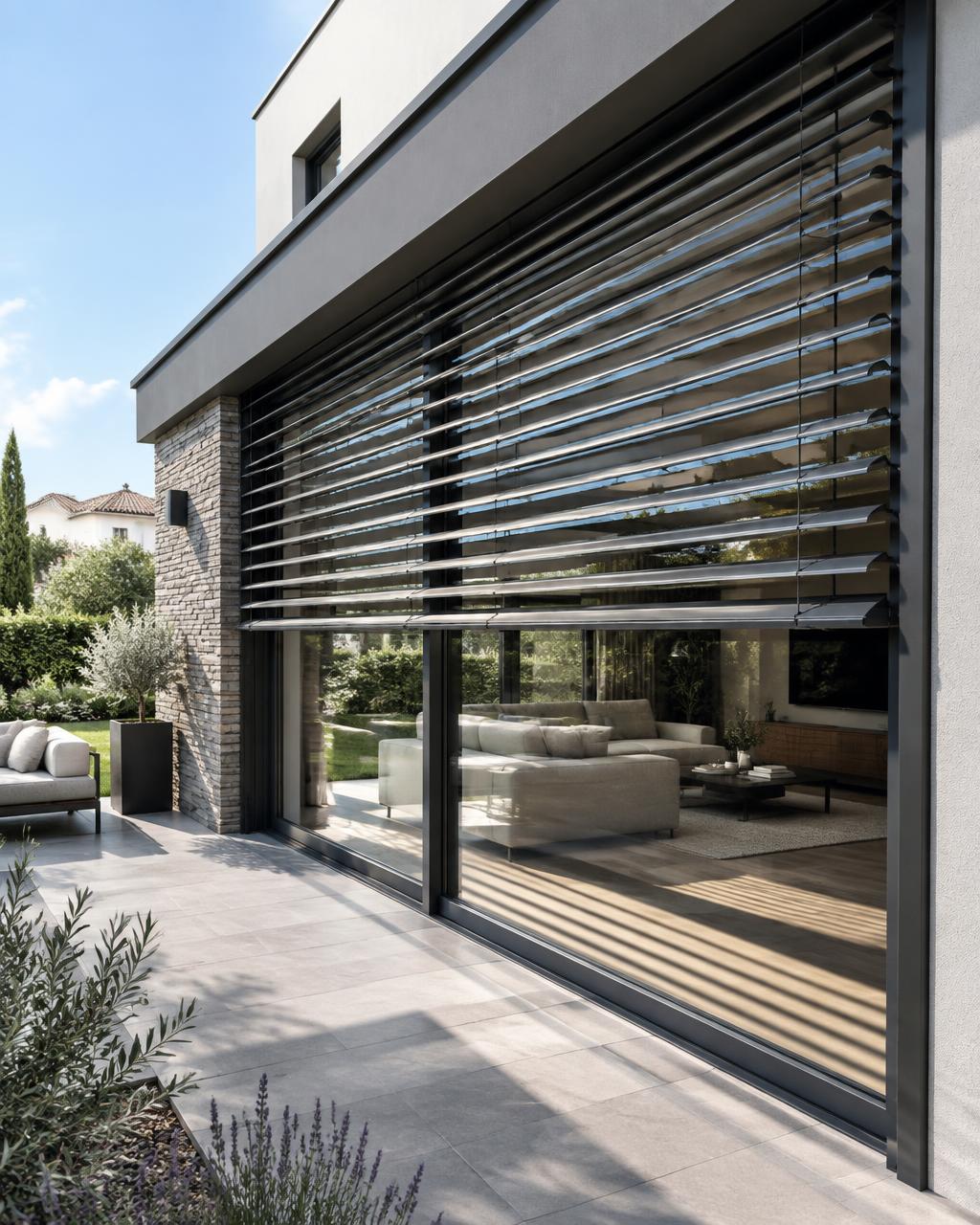 Brise-soleil orientable anthracite devant une grande baie vitrée