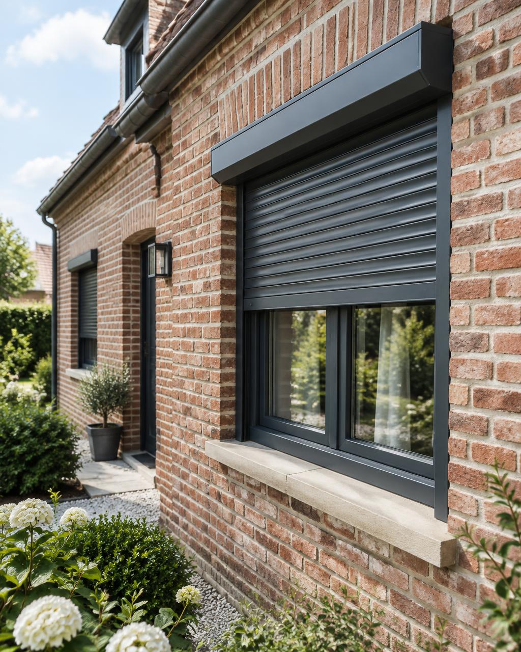 Volet roulant anthracite à coffre extérieur sur une maison en briques